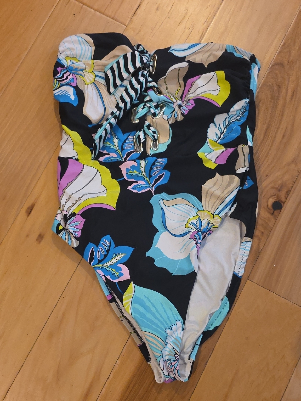 Floral Strapless One-Piece Swimsuit in Black with Blue & Pink Accents